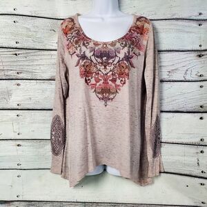 Live and Let Live Women’s XL Beige Boho Embroidered Long Sleeve Top Lace Patch E